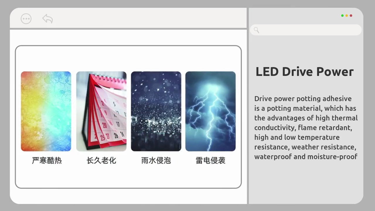 Driven by the rapid growth of .LED lighting application .market, the market demand of .LED driving power supply in .China also shows an increasing .trend, and the market growth .space is broad.Drive power potting adhesive .is a potting material, which has .the advantages of high thermal .conductivity, flame retardant, .high and low temperature .resistance, weather resistance, .waterproof and moisture-proof.LED Drive Power .