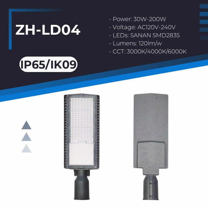 IP65/IK09.- Power: 30W-200W.- Voltage: AC120V-240V.- LEDs: SANAN SMD2835.- Lumens: 120lm/w.- CCT: 3000K/4000K/6000K.ZH-LD04.