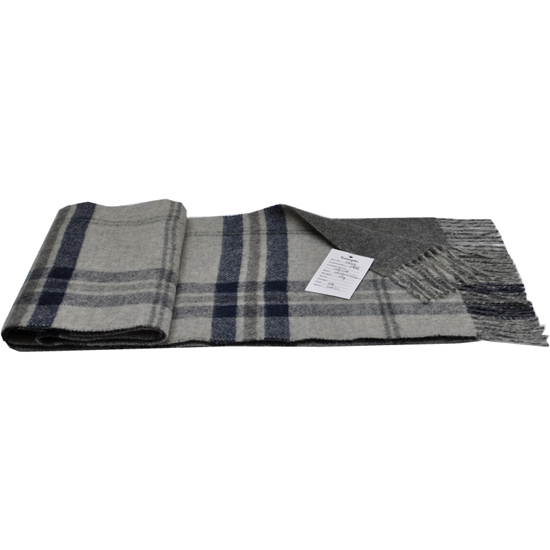 A folded grey and navy wool plaid scarf, providing natural warmth and a smooth, comfortable texture.