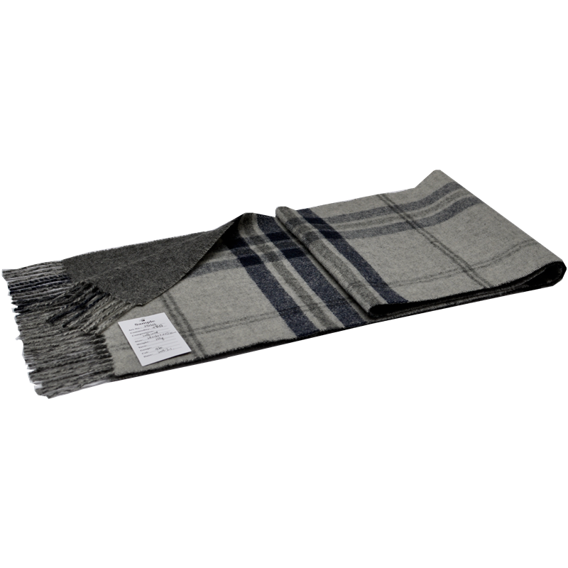 A close-up of the grey and navy plaid scarf, highlighting the high-quality wool fabric and soft texture.