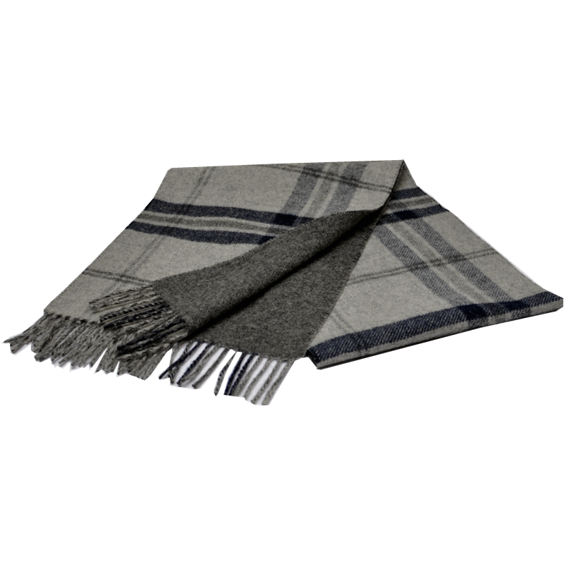 A detailed shot of the sophisticated grey and navy plaid pattern, showcasing the intricate weave and cozy appeal of the wool scarf.