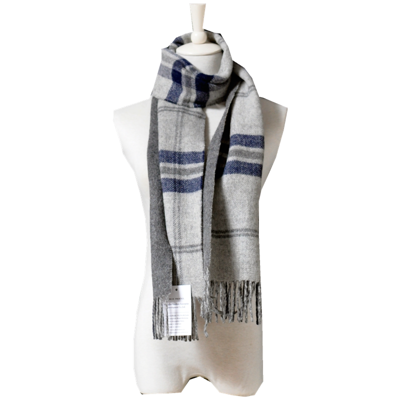 Discover the comfortable softness and natural warmth in this traditional grey and navy wool plaid scarf.