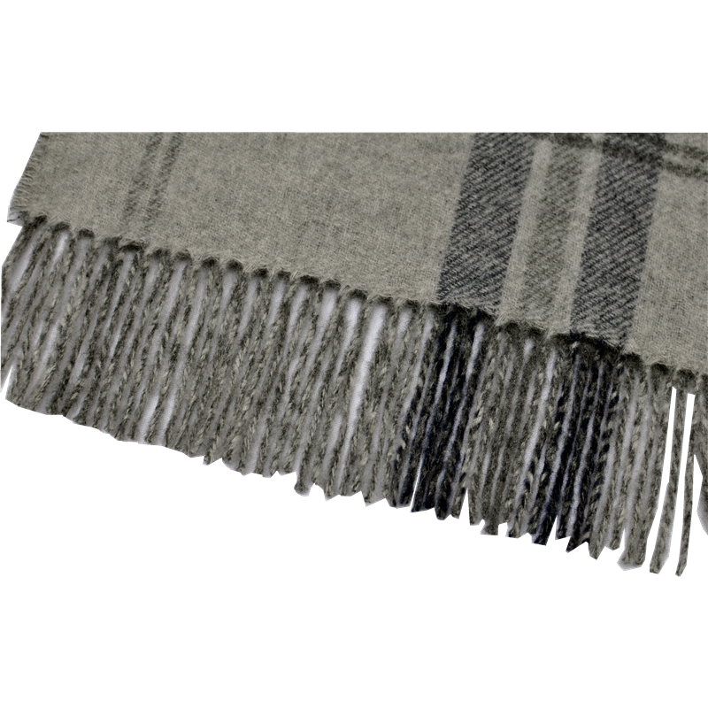 A close view of the grey and navy plaid pattern, highlighting the superior wool texture and premium quality.