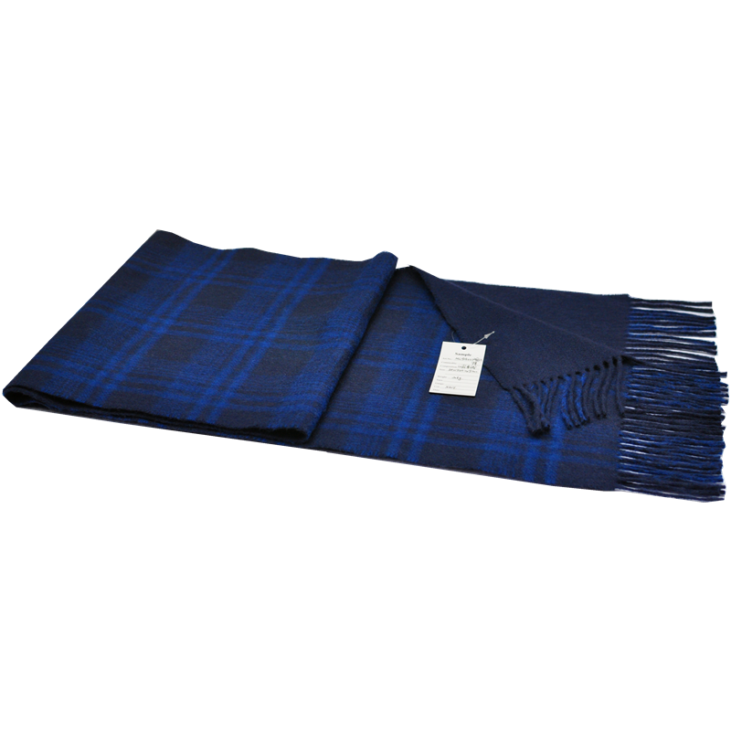 Full layout view of TH1963 pure cashmere scarf with reversible solid blue and tartan grid face