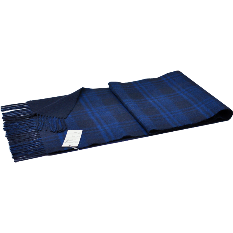 Macro shot of the blue check plaid pattern on the face of TH1963 large cashmere scarf