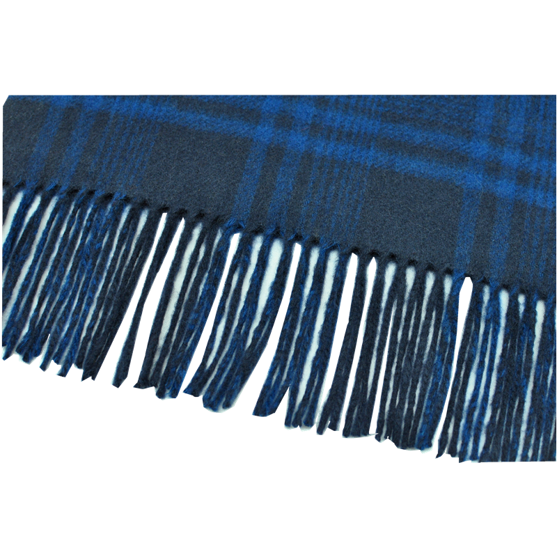 European model styling the TH1963 blue cashmere scarf during city winter travel outdoor setup