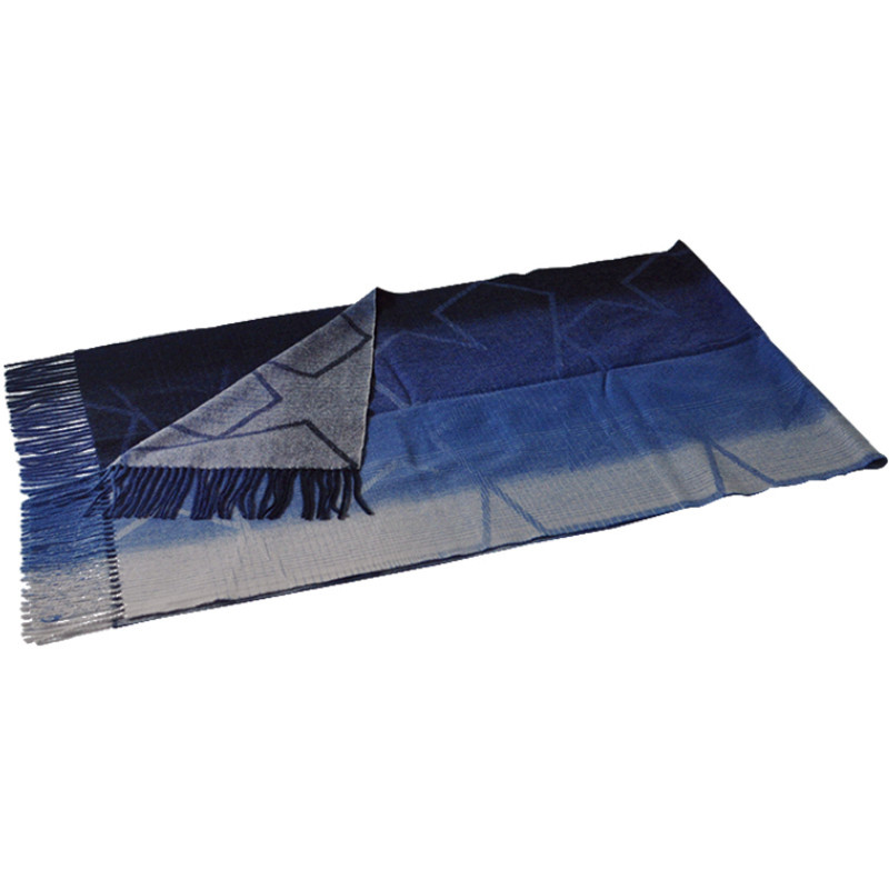 TH1965 cashmere wool scarf flat display showing full length, fringe and gradient blue tones