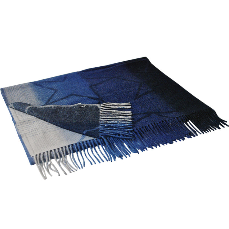 TH1965 cashmere wool scarf fringe detail with gradient blue color and hollow star design