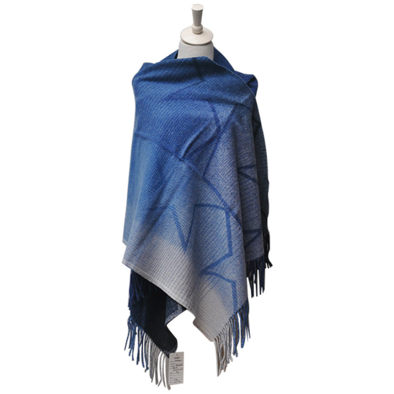 TH1965 cashmere wool shawl displayed on mannequin showing blue gradient design and long fringe