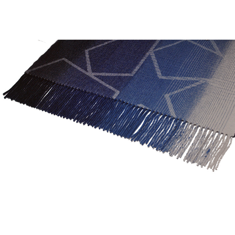 TH1965 wool cashmere scarf hollow star pattern close up on blue woven fabric