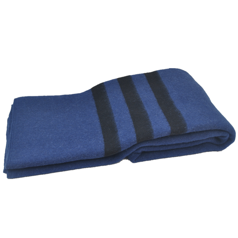 tbh2001 blue wool blend blanket, loosely folded side view, three dark stripes and brushed surface