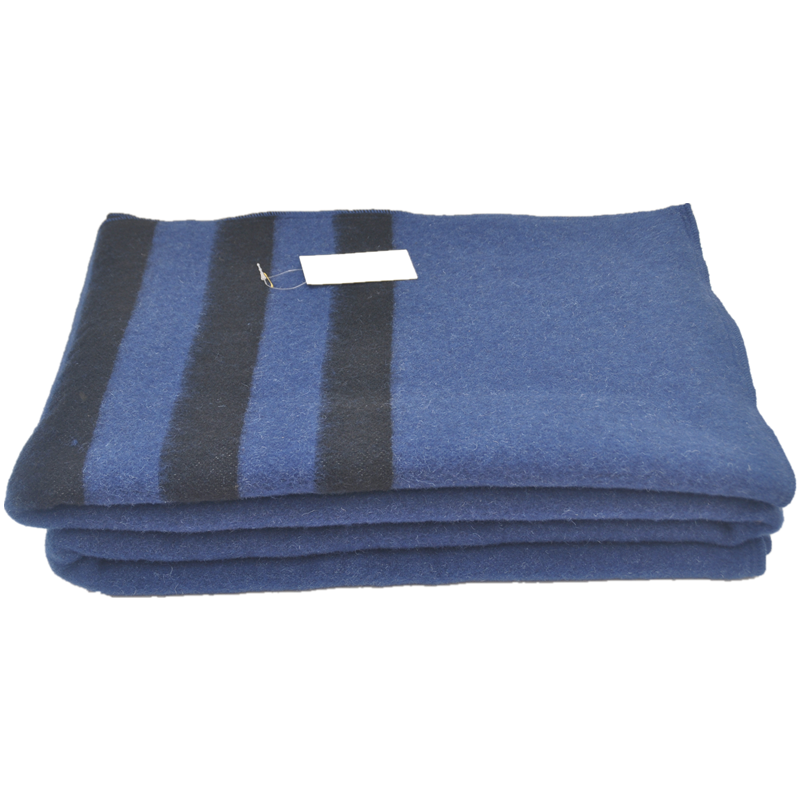 tbh2001 blue wool blend blanket, neatly folded front view, three dark stripes and attached sample tag