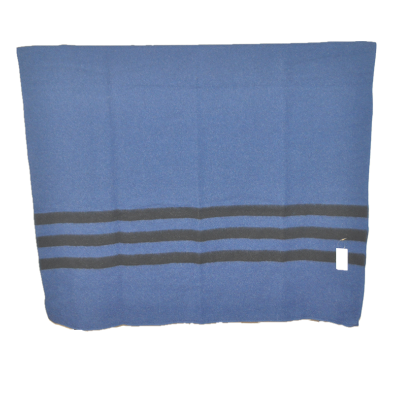tbh2001 blue wool blend blanket, fully unfolded view, three dark horizontal stripes near one end