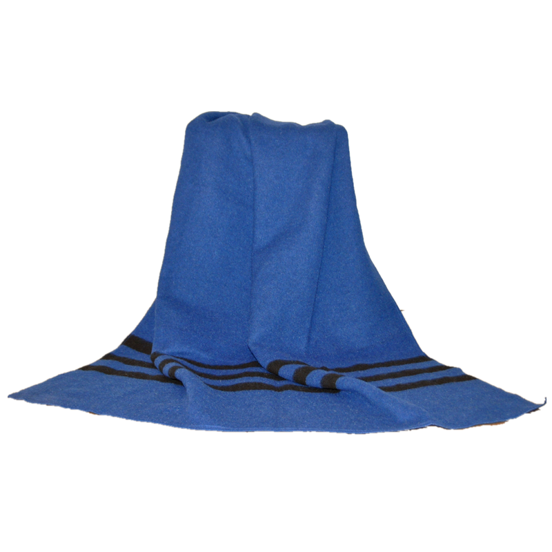 tbh2001 blue wool blend blanket, upright draped display, natural folds and three dark stripes near the bottom