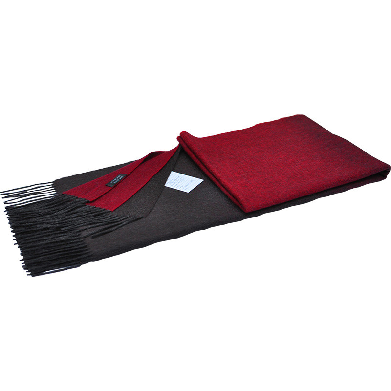 Brown Red Gradient Cashmere Shawl Reverse Side Display with Fringe Detai