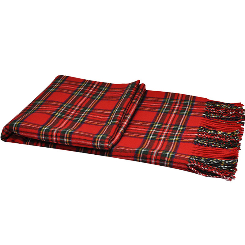 Close-up view of folded TDC2103 red tartan plaid acrylic throw blanket highlighting its soft cashmere-like texture and 480g weight