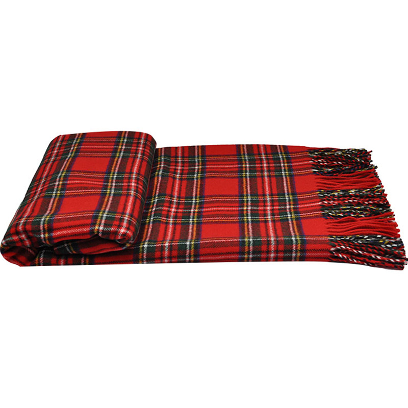 Detailed view of the European design checks pattern and fringed borders on TDC2103 red tartan plaid throw blanket