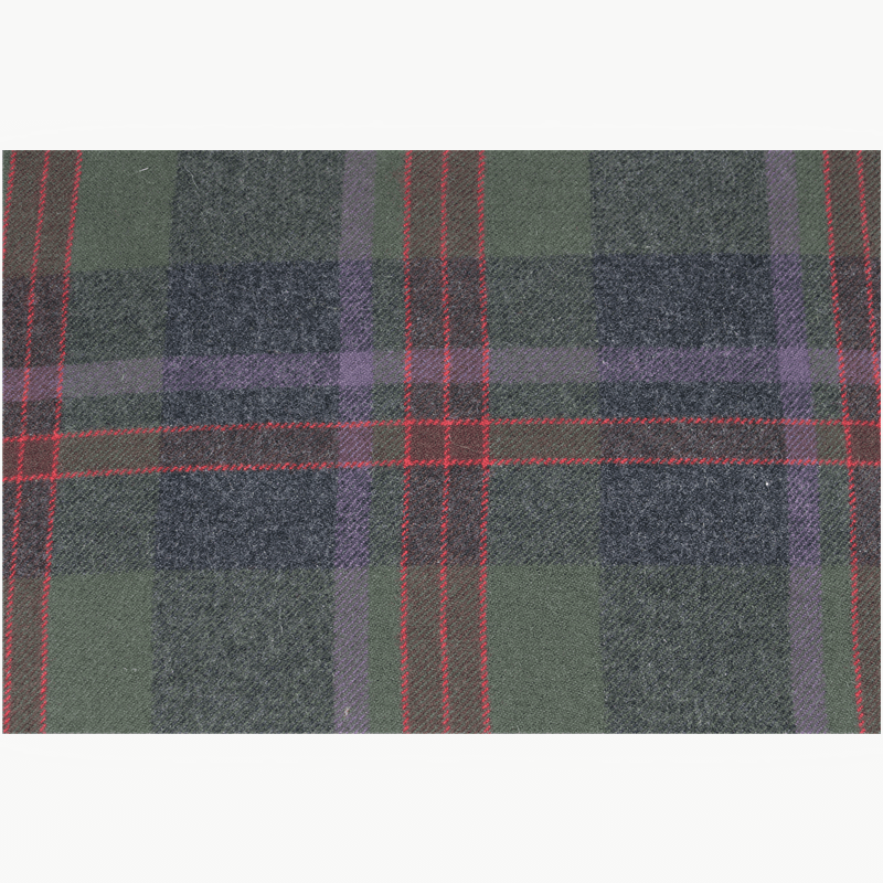 Close-up of E09004 wool blanket showing the dark green plaid, muted purple checks and fine red lines