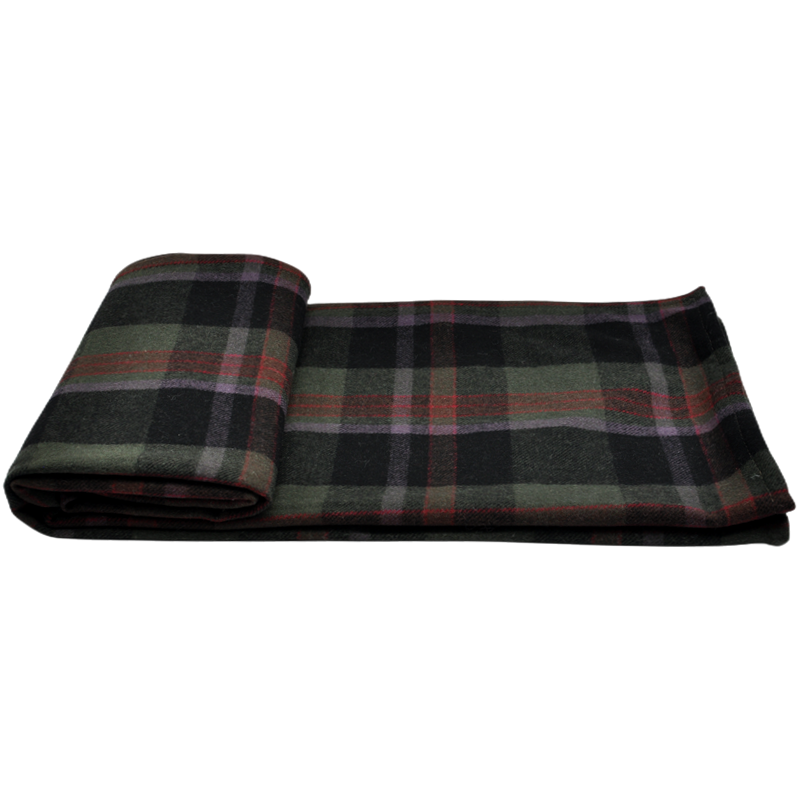 Partly unfolded TBT1802 tartan wool blanket displaying its 150 × 200 cm shape, woven plaid pattern and soft natural drape