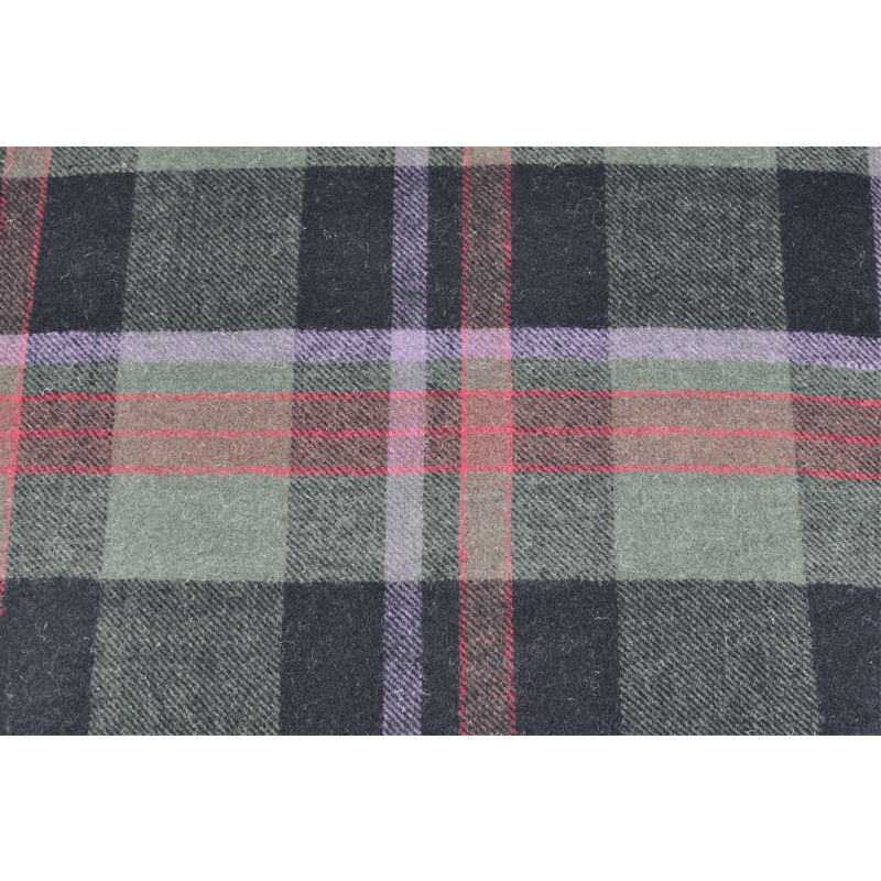 Close-up of TBT1802 twill-woven wool blanket showing dark green checks, muted-purple bands and fine burgundy-red lines