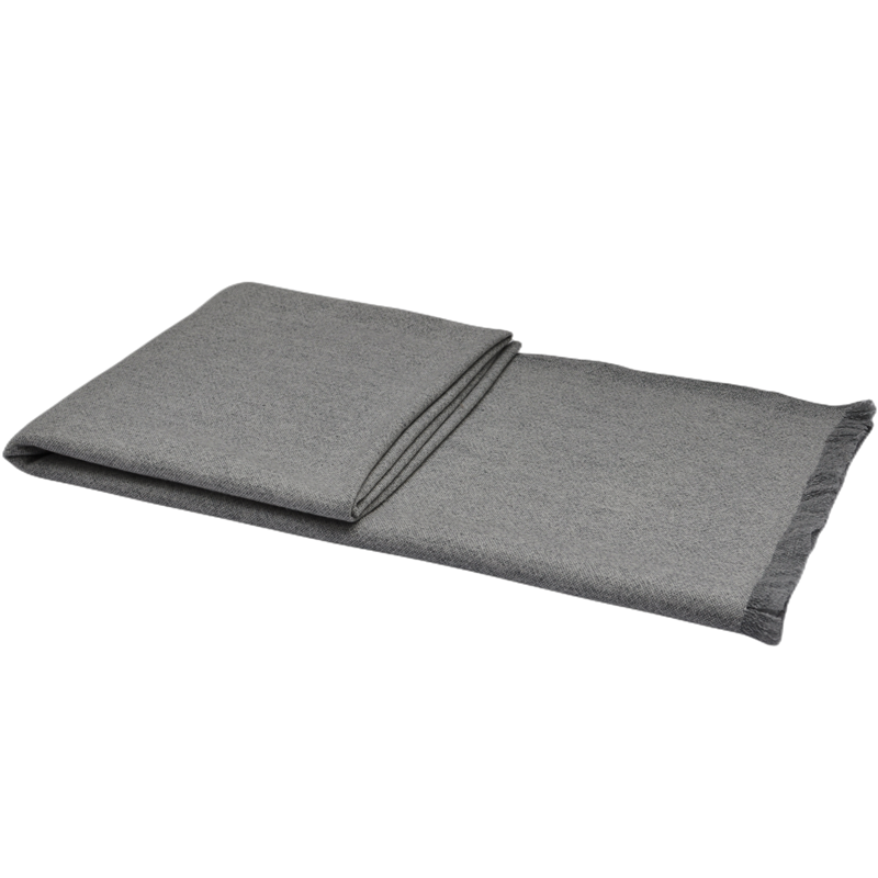 TH2207 light melange grey pure cashmere blanket folded to show its soft woven surface and eyelash fringe.