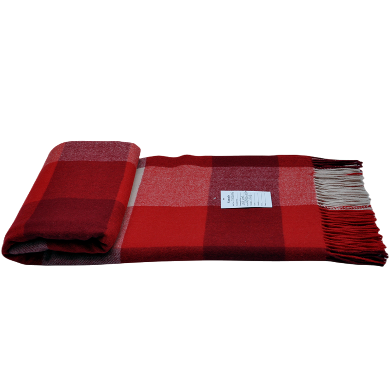 Premium red plaid wool throw blanket with product specification sample tag.