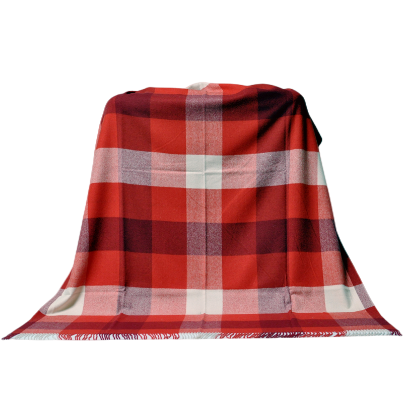 Full-length display of red plaid wool blanket showing drape and texture.