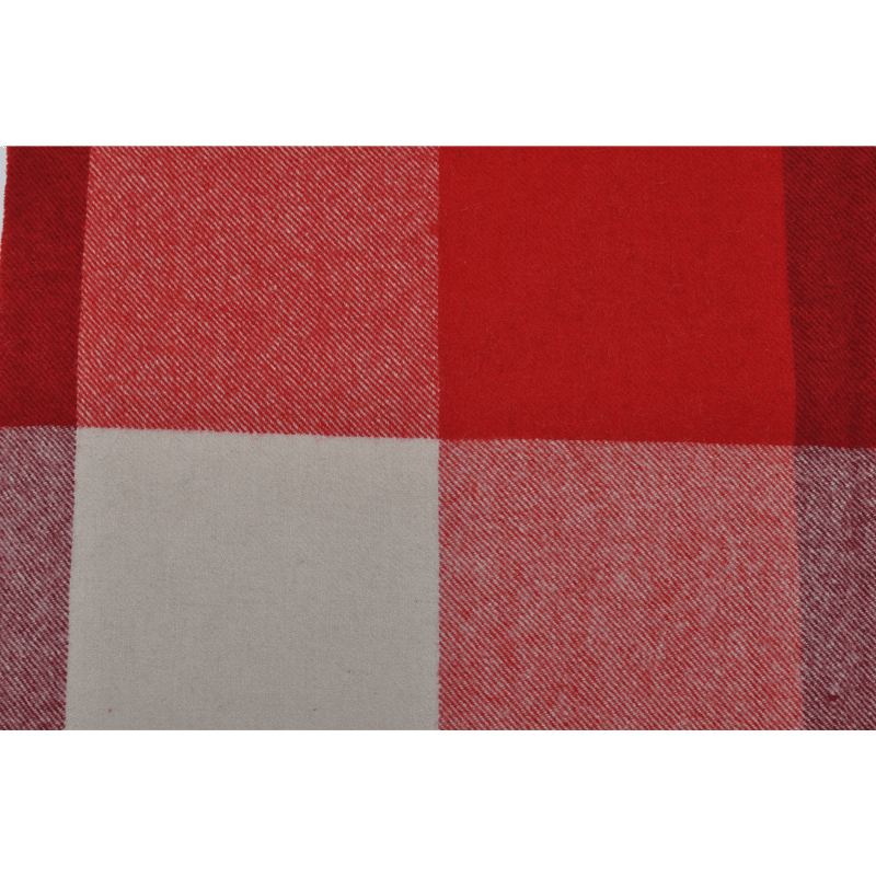 Close-up texture of 100% wool fabric showing red and white twill weave pattern.