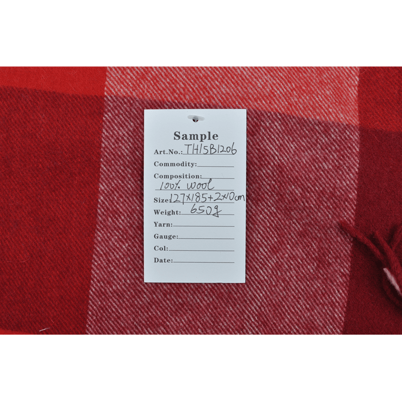 Product label for TH15B1206 wool blanket: 127x185cm, 650g, 100% Wool quality.
