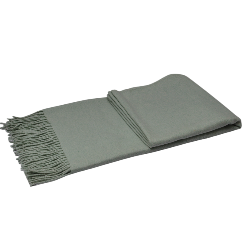 Folded E1108 green melange cashmere wool blanket shown from the opposite side with 10 cm fringe.