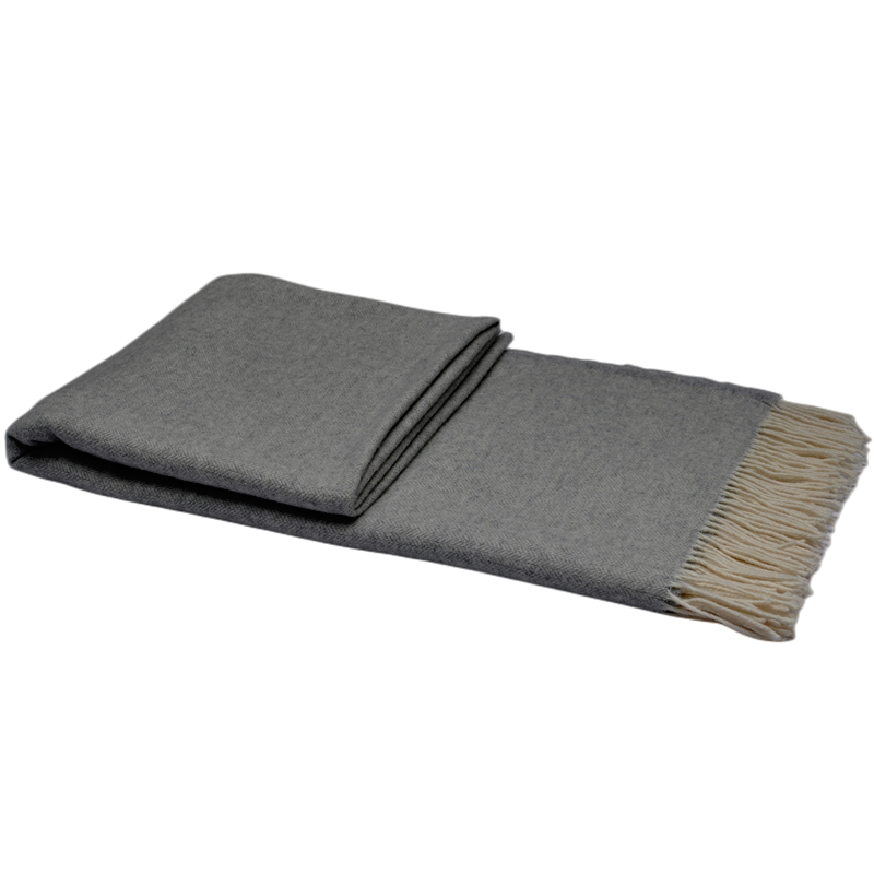 BLUE PHOENIX TUV1802 10% cashmere 90% wool blanket in light grey with elegant fringe finishing and herringbone texture