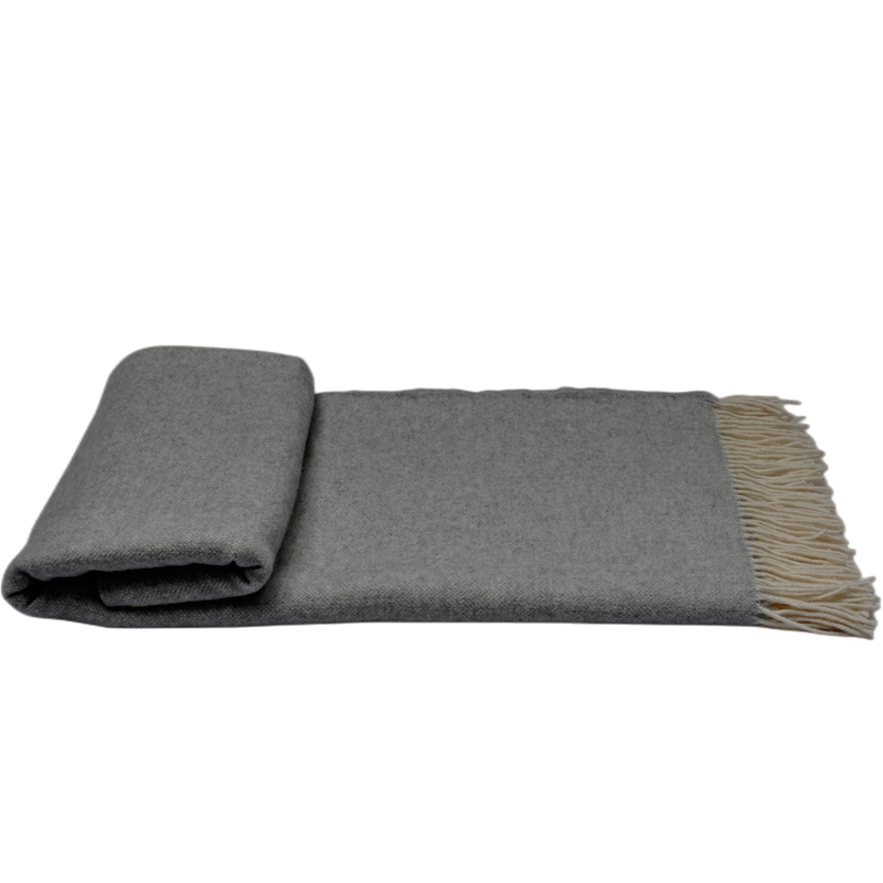 TUV1802 wool cashmere blend blanket displayed flat showing light melange grey color and premium woven craftsmanship