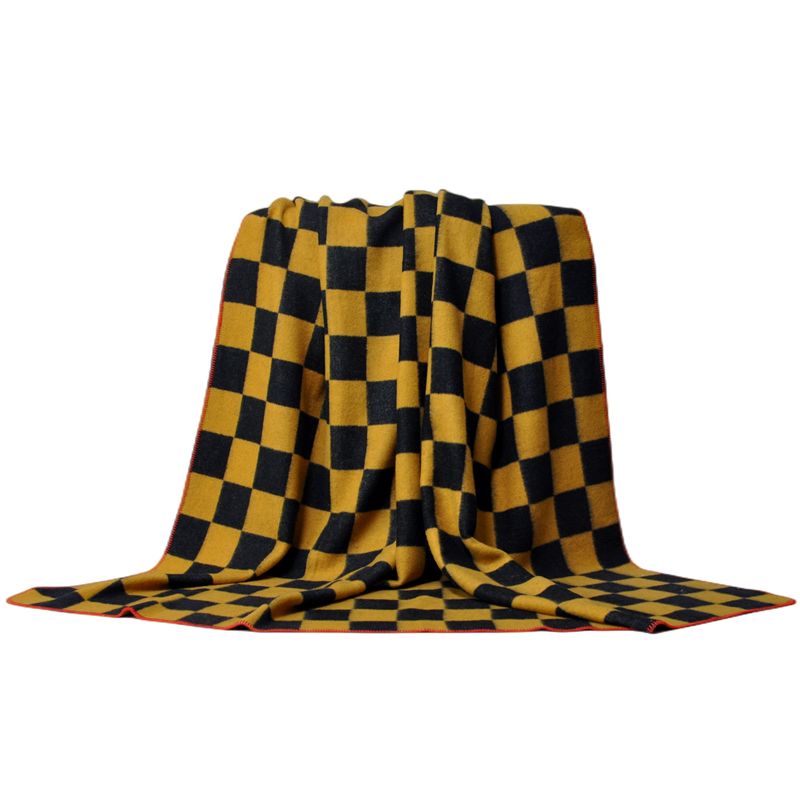 TBT1804 heavyweight wool bed blanket fully draped to show its large checkerboard pattern and substantial woven structure