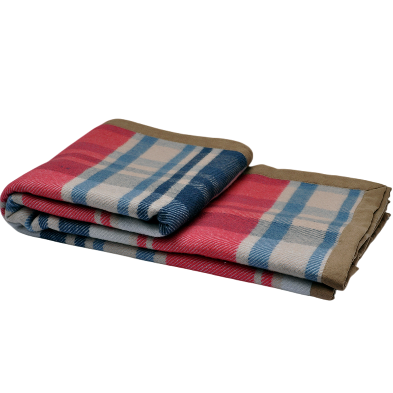 Q1070 luxury 100% Australian Merino wool blanket with red, blue, and camel plaid pattern.