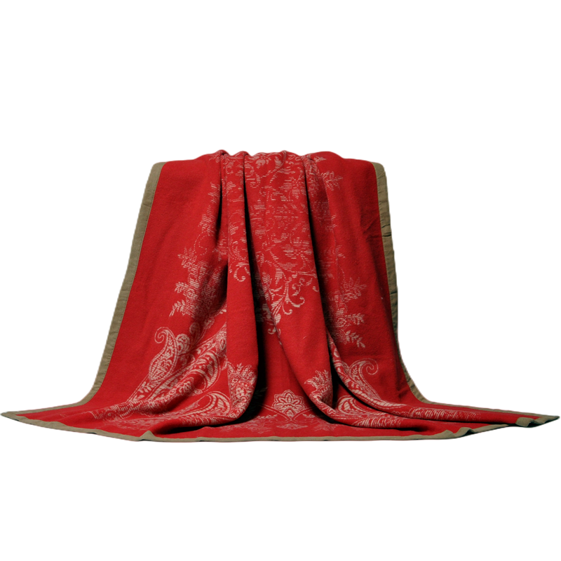 Full drape red jacquard wool blanket home decor full view