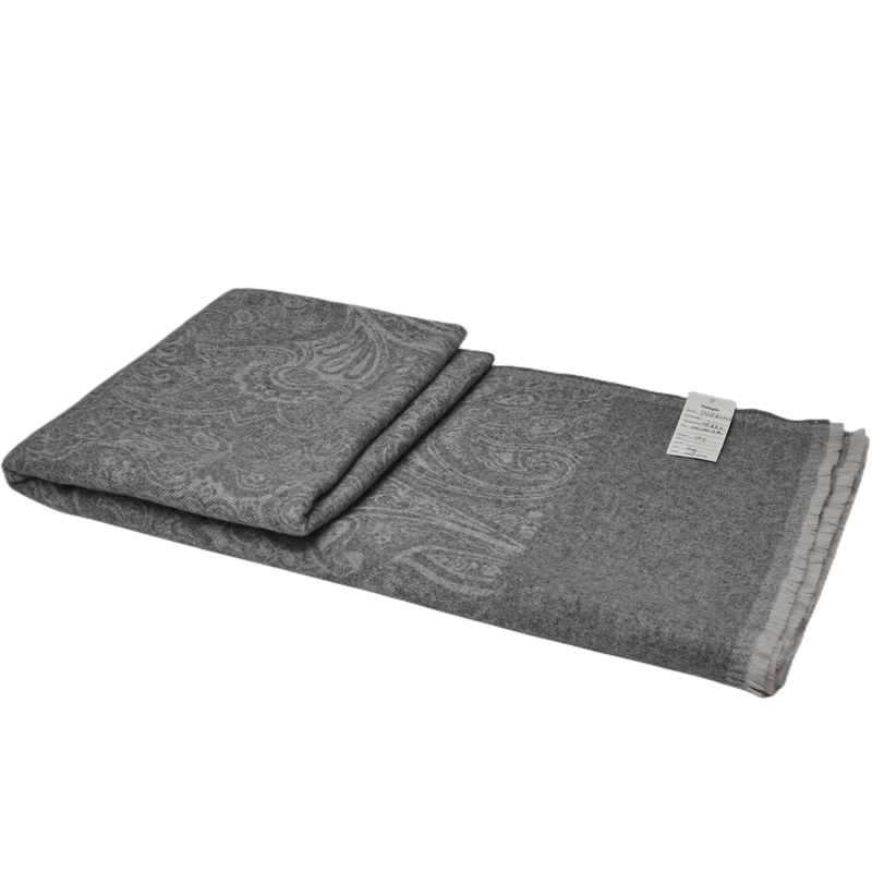 grey paisley jacquard lambswool blanket folded flat with sample tag TH15K0502
