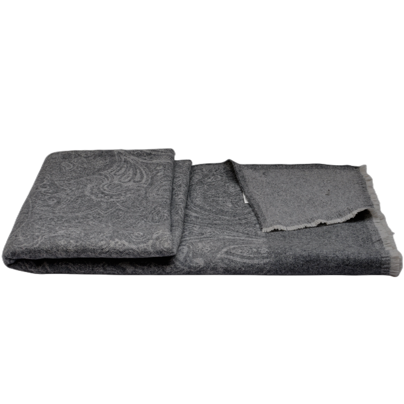 dark gray paisley lambswool throw folded open to show scalloped fringe edge TH15K0502