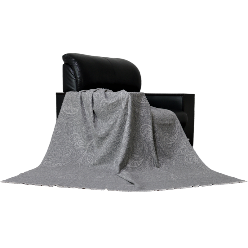 luxury grey paisley lambswool throw draped over black leather armchair home decor blanket TH15K0502