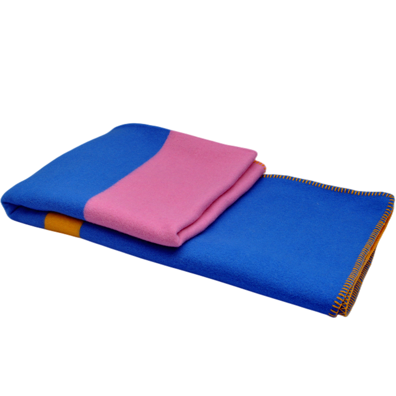 TH2214 tri-color block pink blue yellow 100% wool throw blanket folded flat white background product shot stitched hem