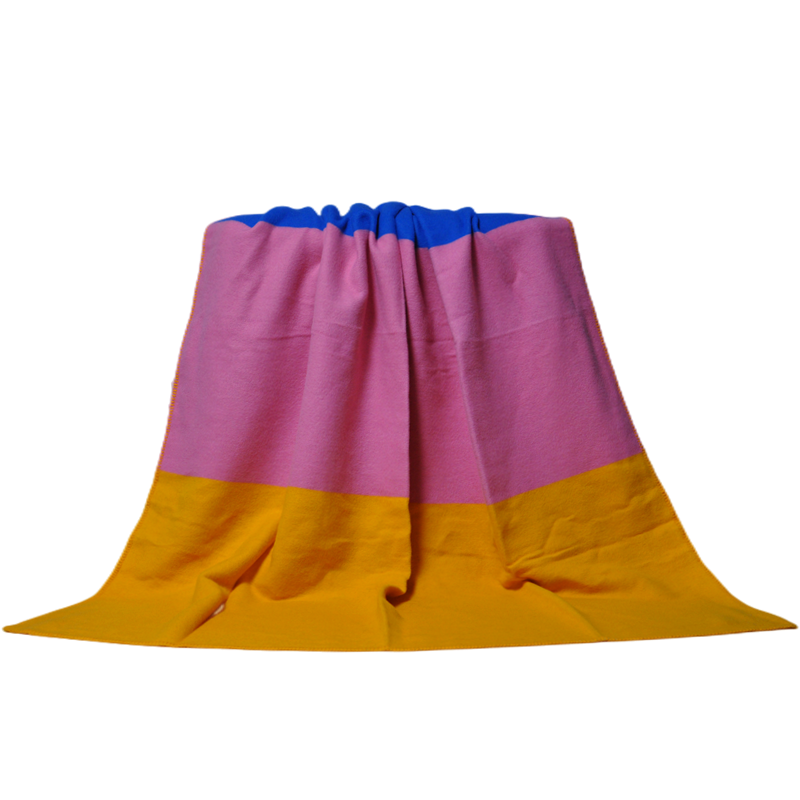 Full hanging view tri-color 100% wool blanket color block design full spread minimalist home decoration shot