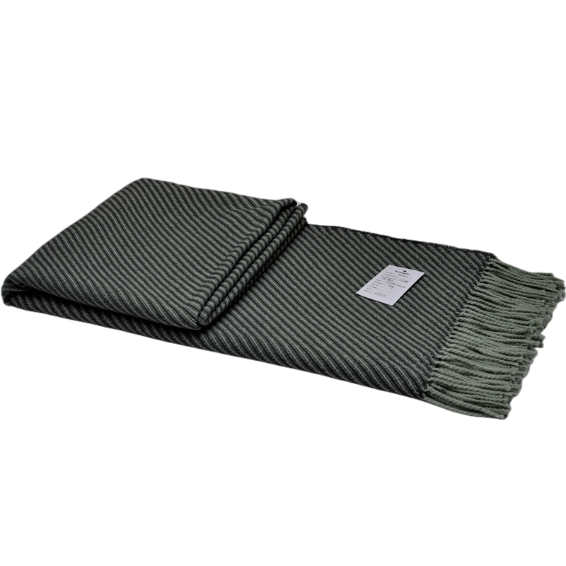 TDL1901 wool acrylic blanket folded on a white background with fine grey diagonal stripes, sample tag and twisted fringe