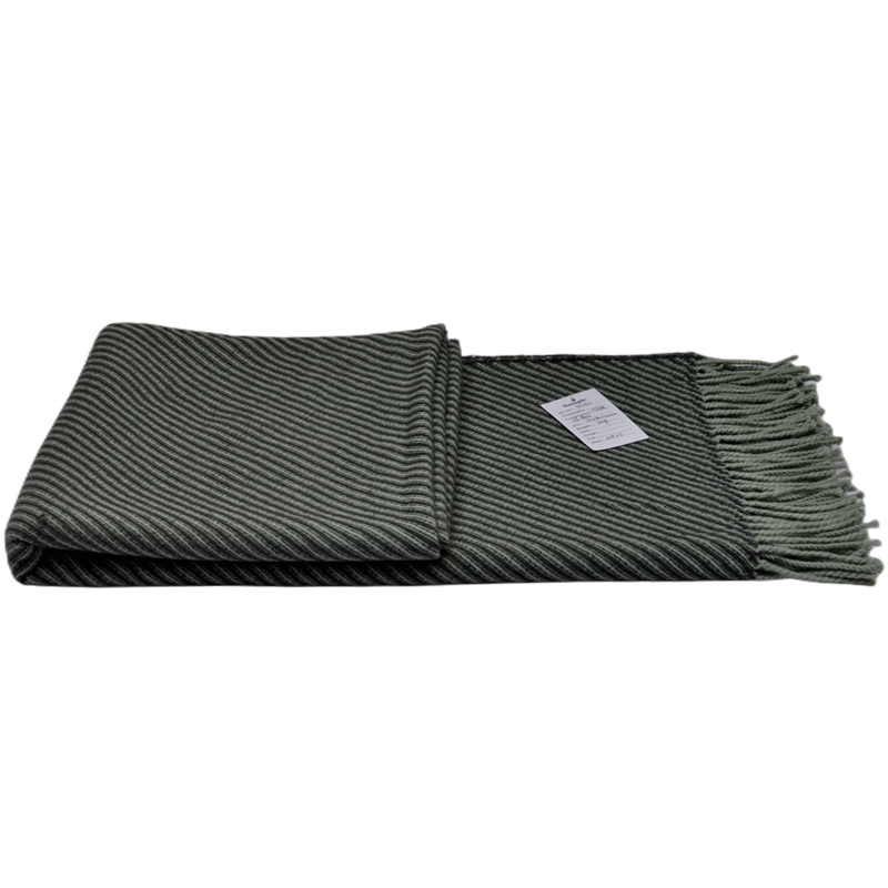 Folded TDL1901 striped wool blend throw showing layered fabric, sample tag and light grey fringe on the right