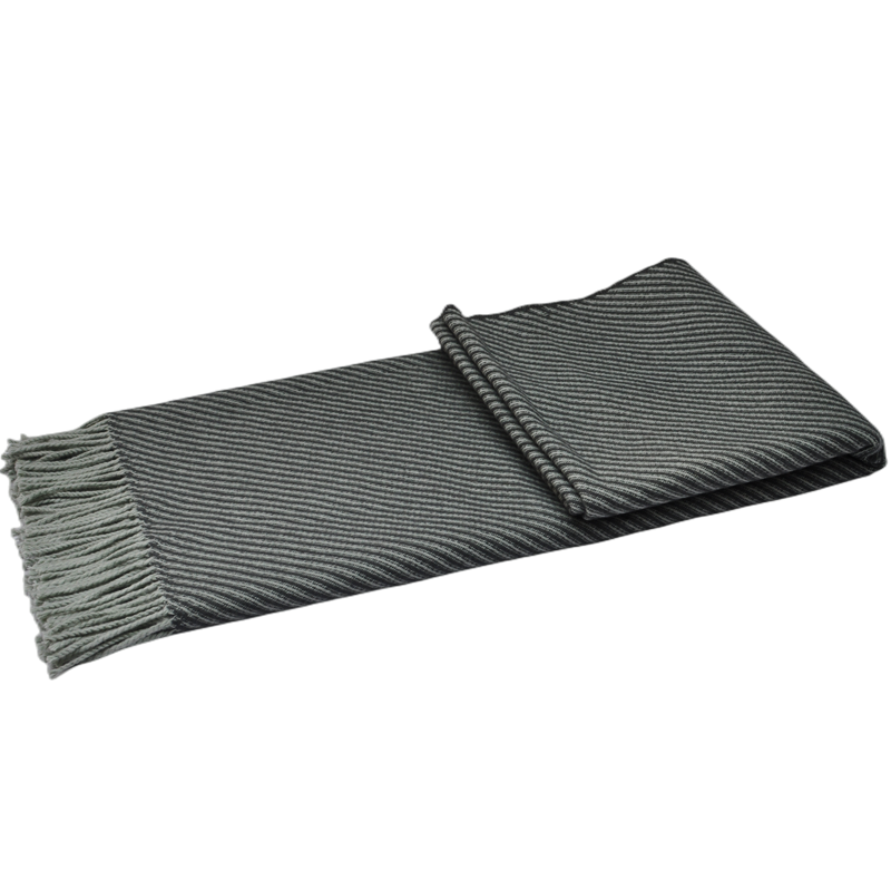 TDL1901 grey striped throw blanket folded with twisted fringe extending from the left short end