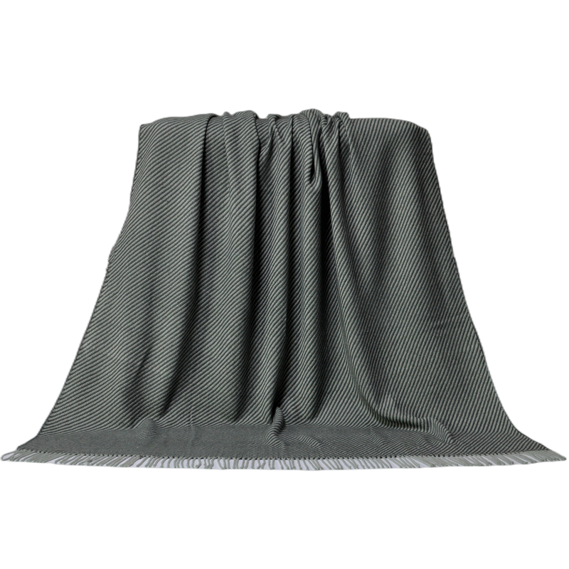 TDL1901 grey wool acrylic blanket displayed in broad vertical folds with fine diagonal stripes and fringe along the bottom