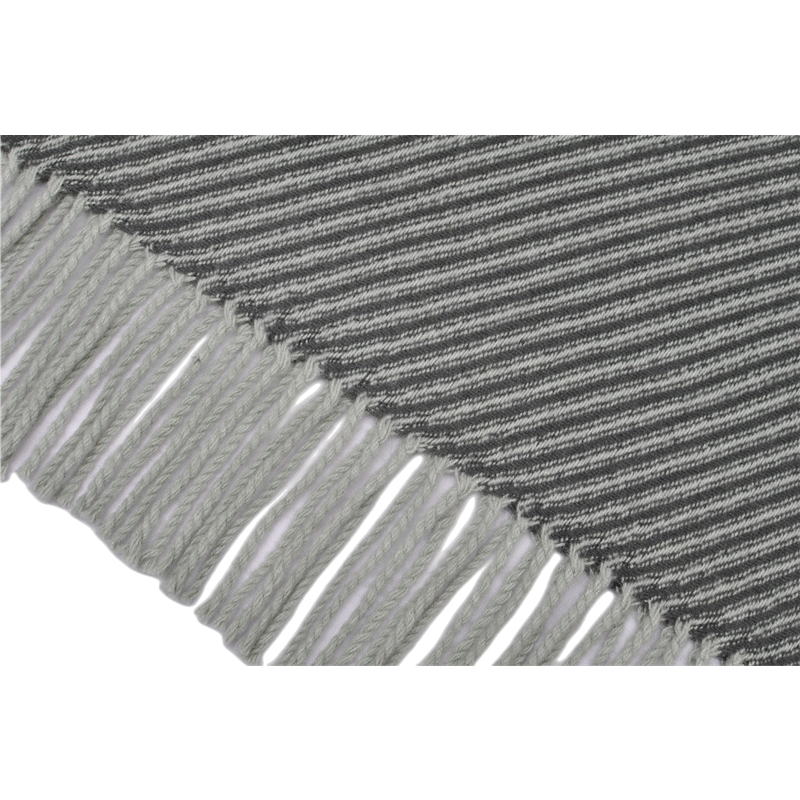 Close-up of TDL1901 blanket edge showing light grey twisted fringe and contrasting striped weave
