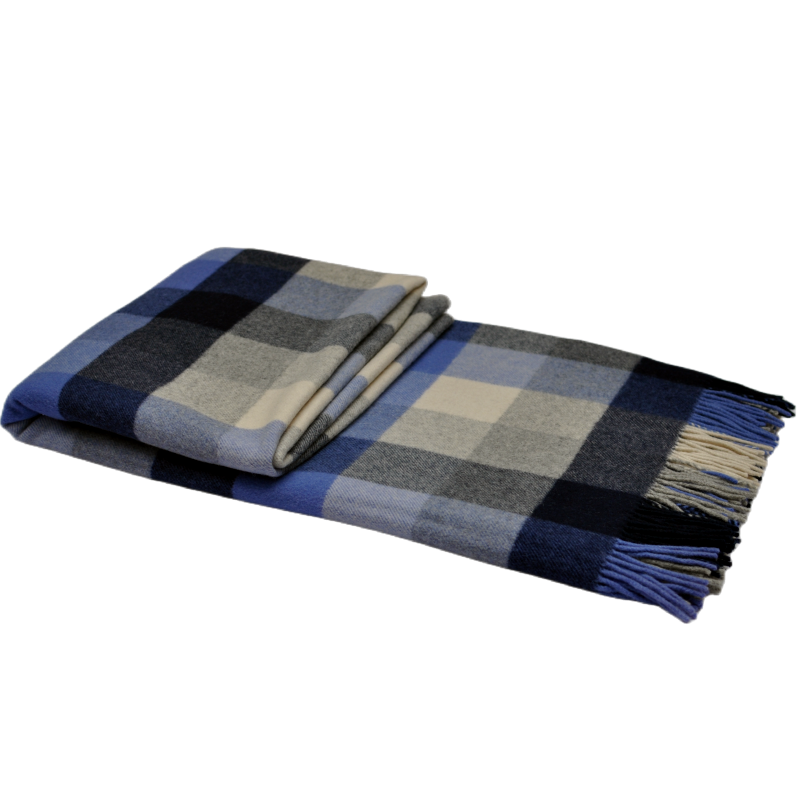 K1003 premium blue tartan check 100 percent pure virgin wool blanket for wholesale and hotel procurement