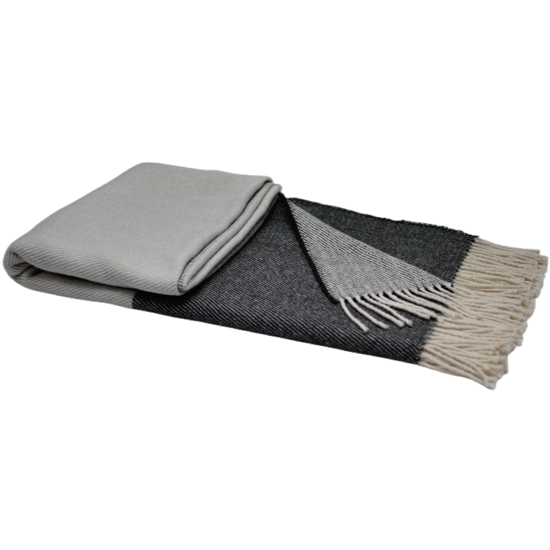 Two tone grey pure wool twill fringed throw blanket folded view