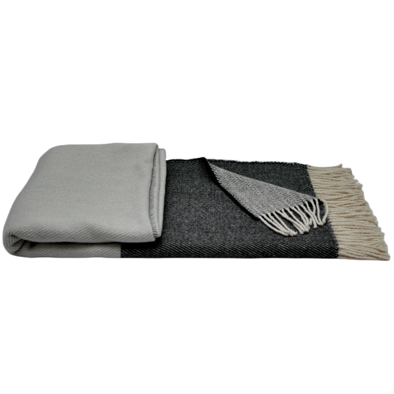 Dual grey color block wool tassel blanket folded product photo