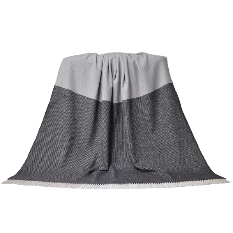 Full draped two tone grey wool fringed throw blanket home decor