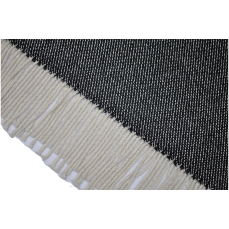 Cream fringe detail grey wool twill throw blanket edge close up